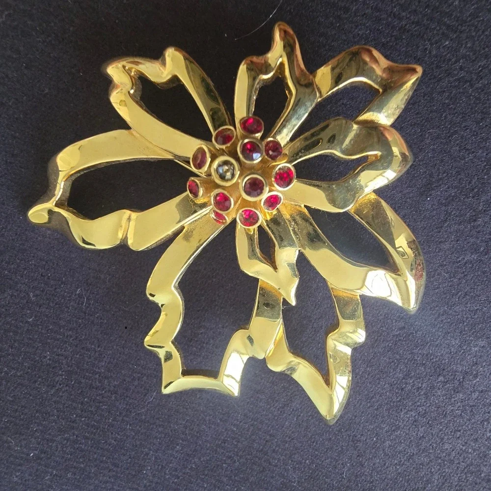 Swarovski Vintage Gold Tone Red Rhinestone Flower Bow Brooch Swan Logo Signed
